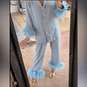 Sleeper Blue Gray PJ set with blue feather cuffs